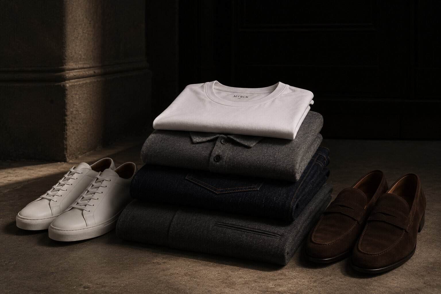 A white T-shirt, a grey merino polo, indigo jeans and grey wool trousers folded in a stepped stack, with white leather sneakers and brown suede loafers set at either end.