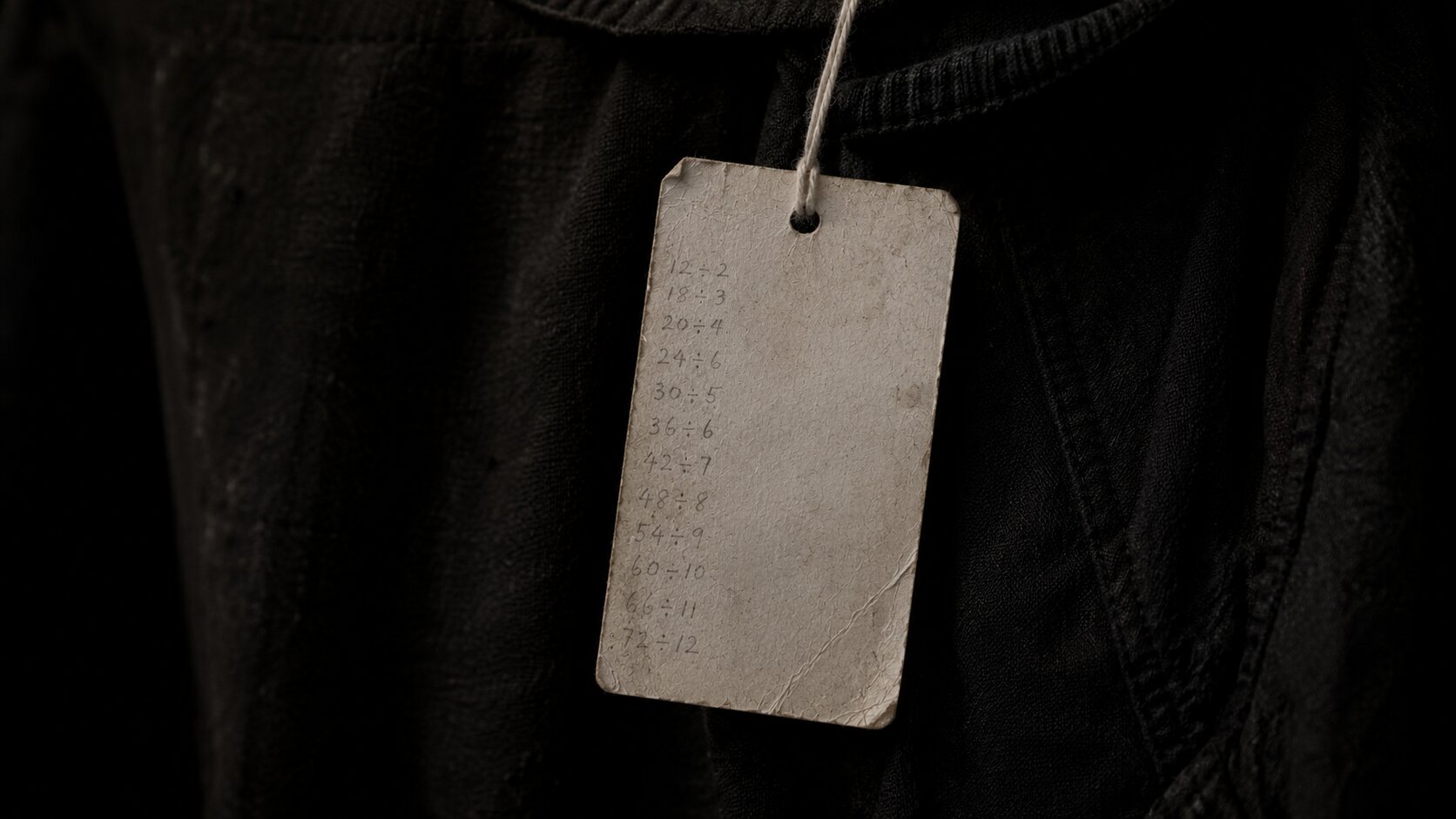 A single white price tag hanging from a garment, its printed figure worn away to nothing, with a faint column of hand-written division sums running down the back of the tag.