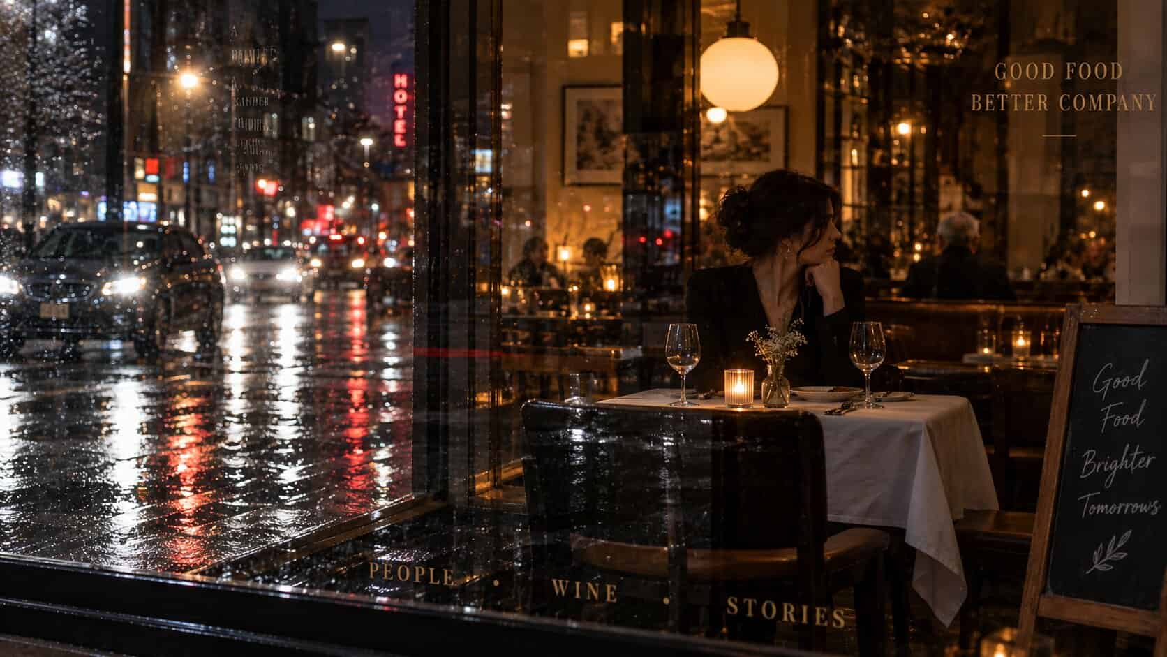 Shot from the street through a restaurant window at night. Reflected headlights and wet asphalt lie across the warm interior, and where the two layers overlap a figure in black waits at a table laid for two, half legible through the glass.