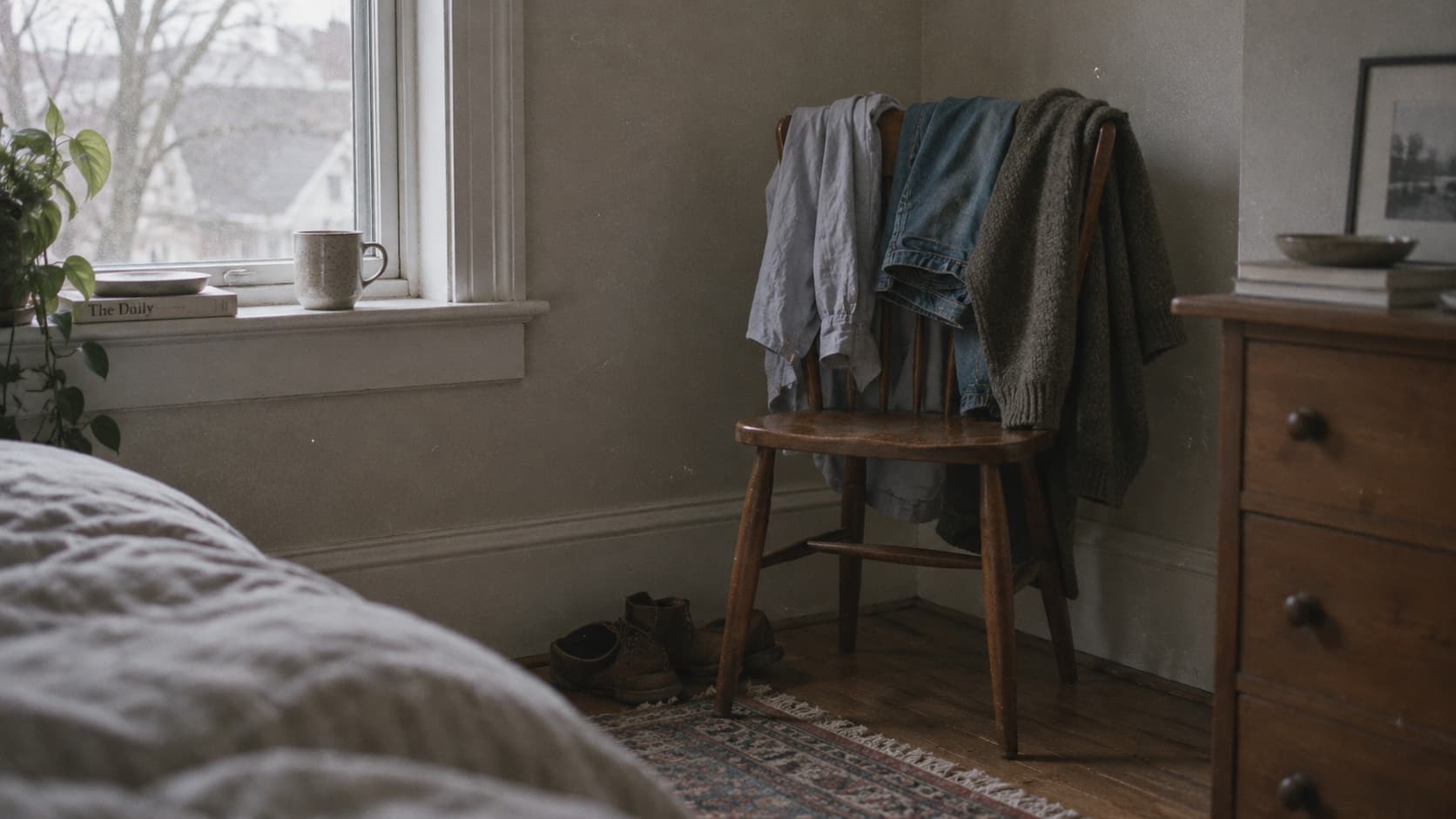 A wooden chair in the corner of a bedroom with a few clothes over the back of it: a shirt, a pair of jeans, a sweater. Morning light from a window to the side.