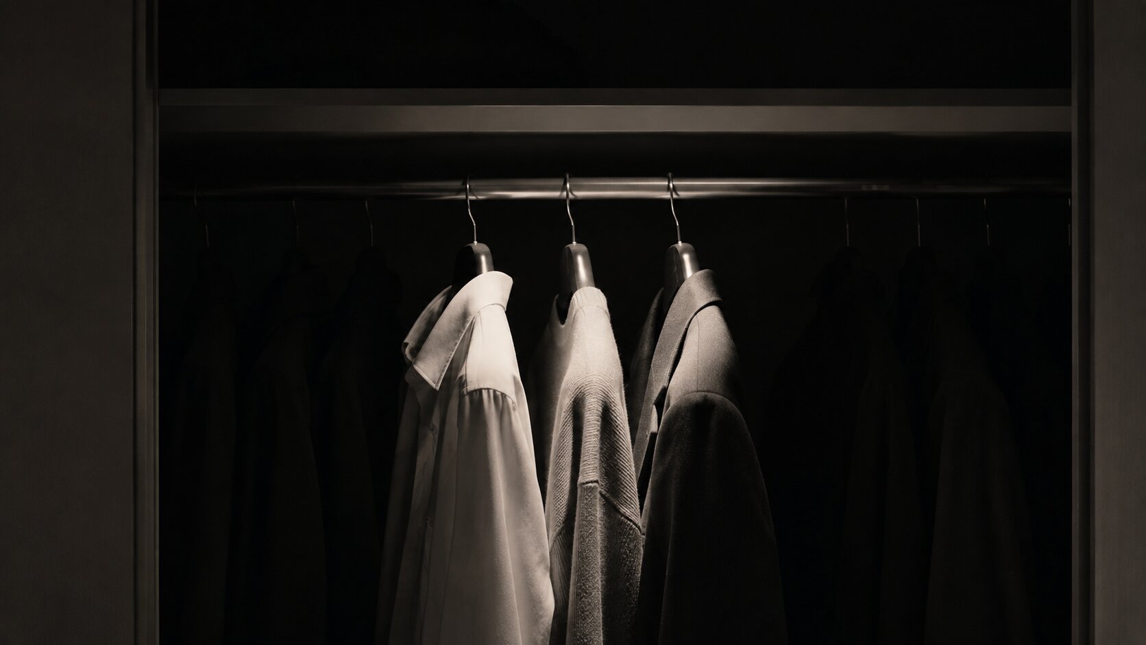 An open wardrobe rail with three garments pulled forward under a light, the rest of the rail dark behind them.