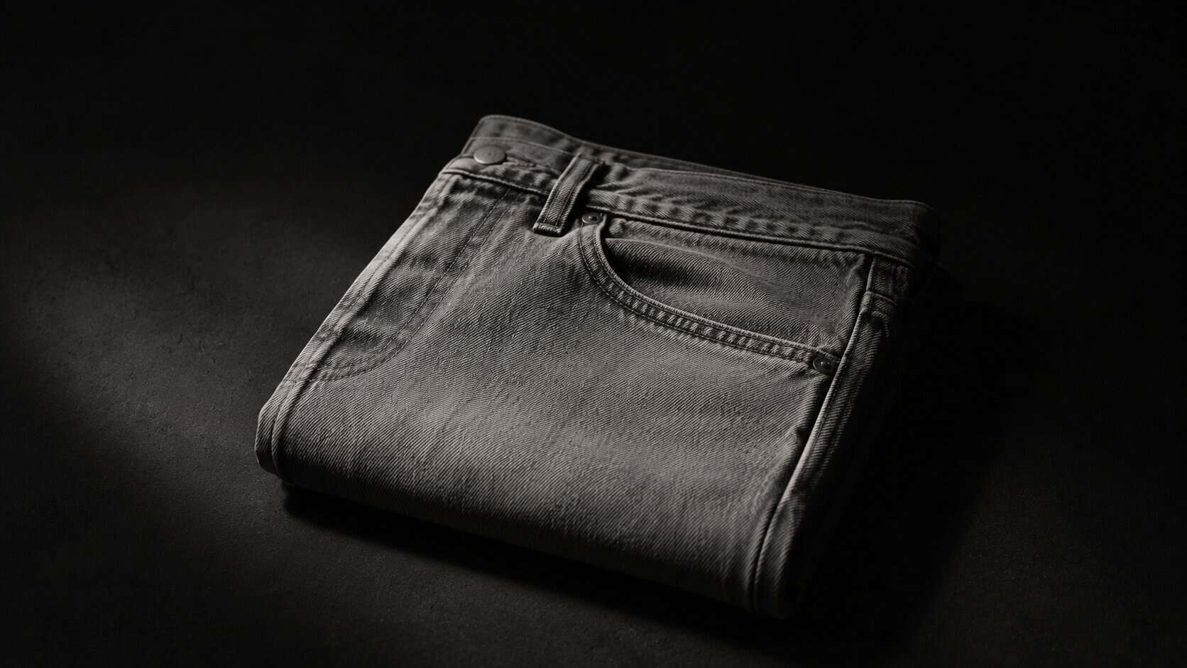 A single pair of grey jeans folded on a dark surface, raking light picking out the diagonal of the twill, nothing else in the frame.