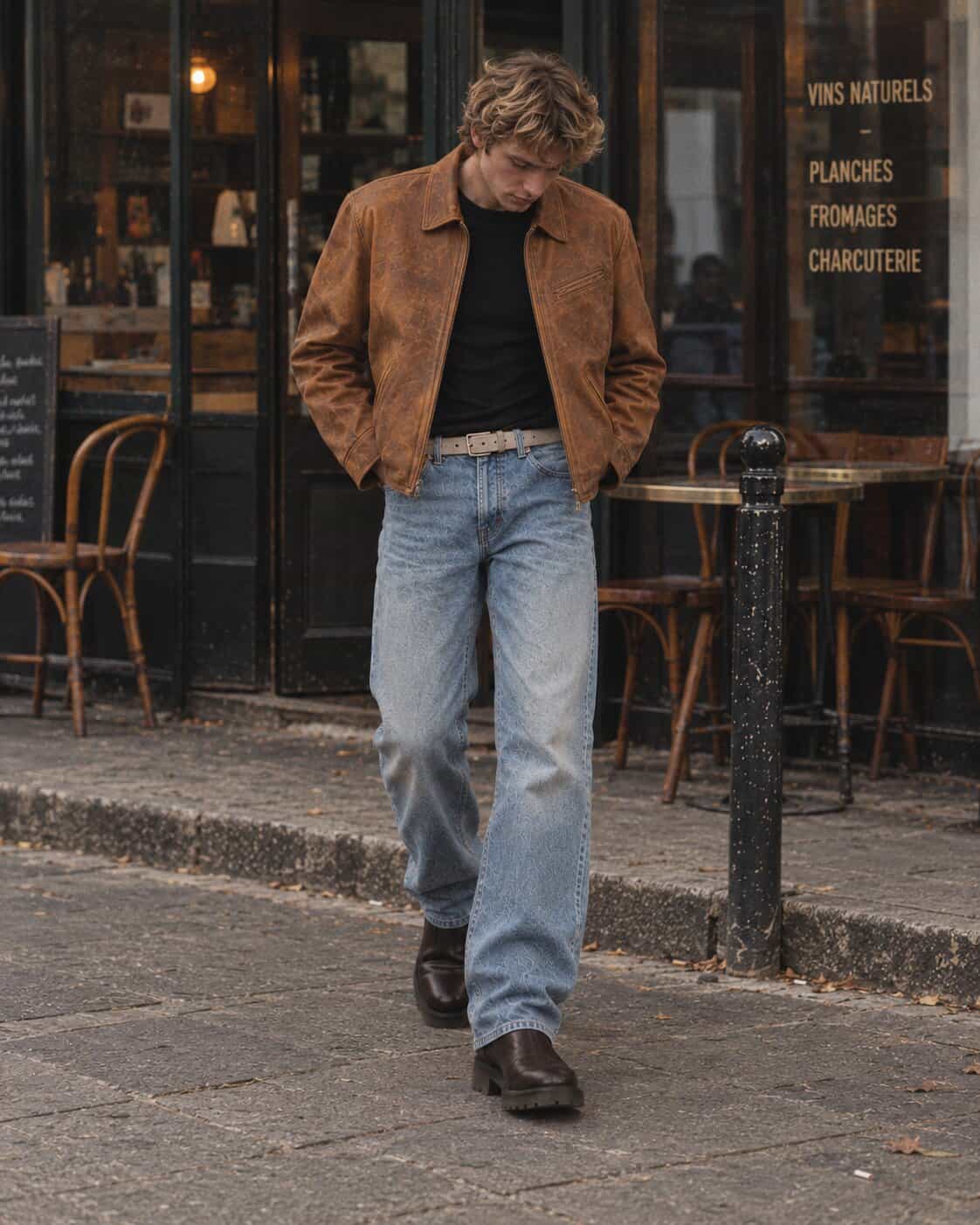 A man in a weathered brown leather jacket open over a black T-shirt tucked into faded light-blue straight-leg jeans, a cream suede belt and brown leather Chelsea boots, walking past a wine bar on a cobbled Paris street.