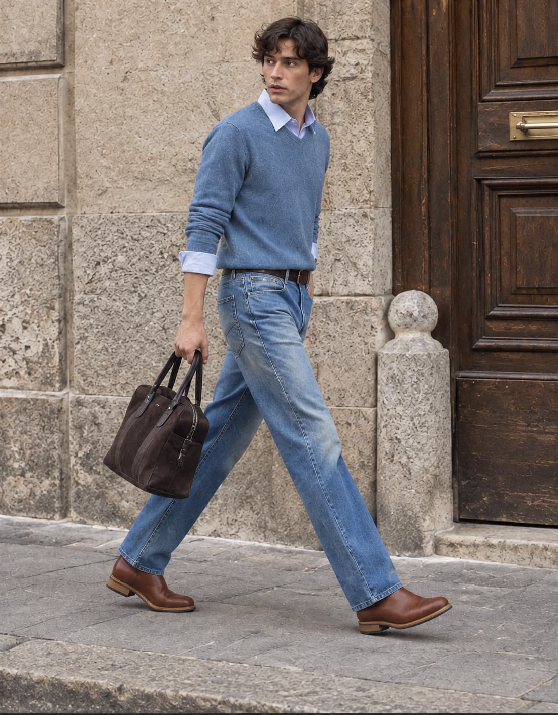 A man in a blue merino sweater over a light blue Oxford shirt with the collar out, faded straight-leg jeans, a brown leather belt and brown leather boots, walking past a large door on a Turin street.