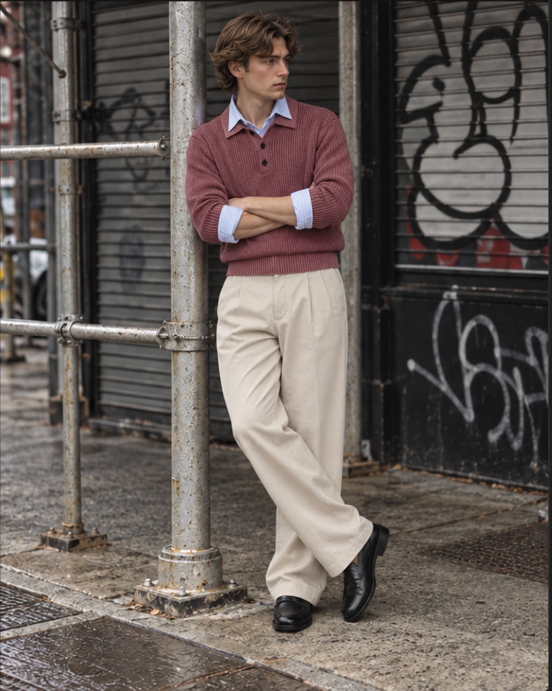 A man in a red knitted polo sweater over a blue-striped Oxford shirt with the collar and cuffs showing, beige pleated wide-leg trousers and black leather loafers, leaning on scaffolding on a New York street.