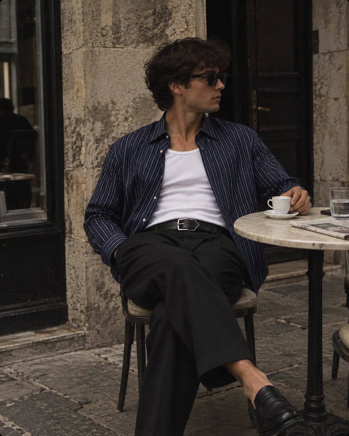 A man in a striped cotton-poplin shirt open over a white tank top, pleated twill trousers, a slim leather belt and brown leather penny loafers.