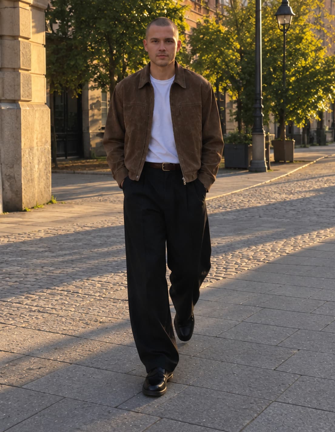 A man in a brown suede jacket worn open over a white T-shirt, black wide-leg pleated trousers, a brown leather belt and black leather penny loafers, standing at the edge of a city square lined with pastel apartment blocks in Malmö.